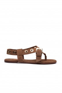 FLAT SPLIT LEATHER SANDALS WITH GOLDEN EYELETS